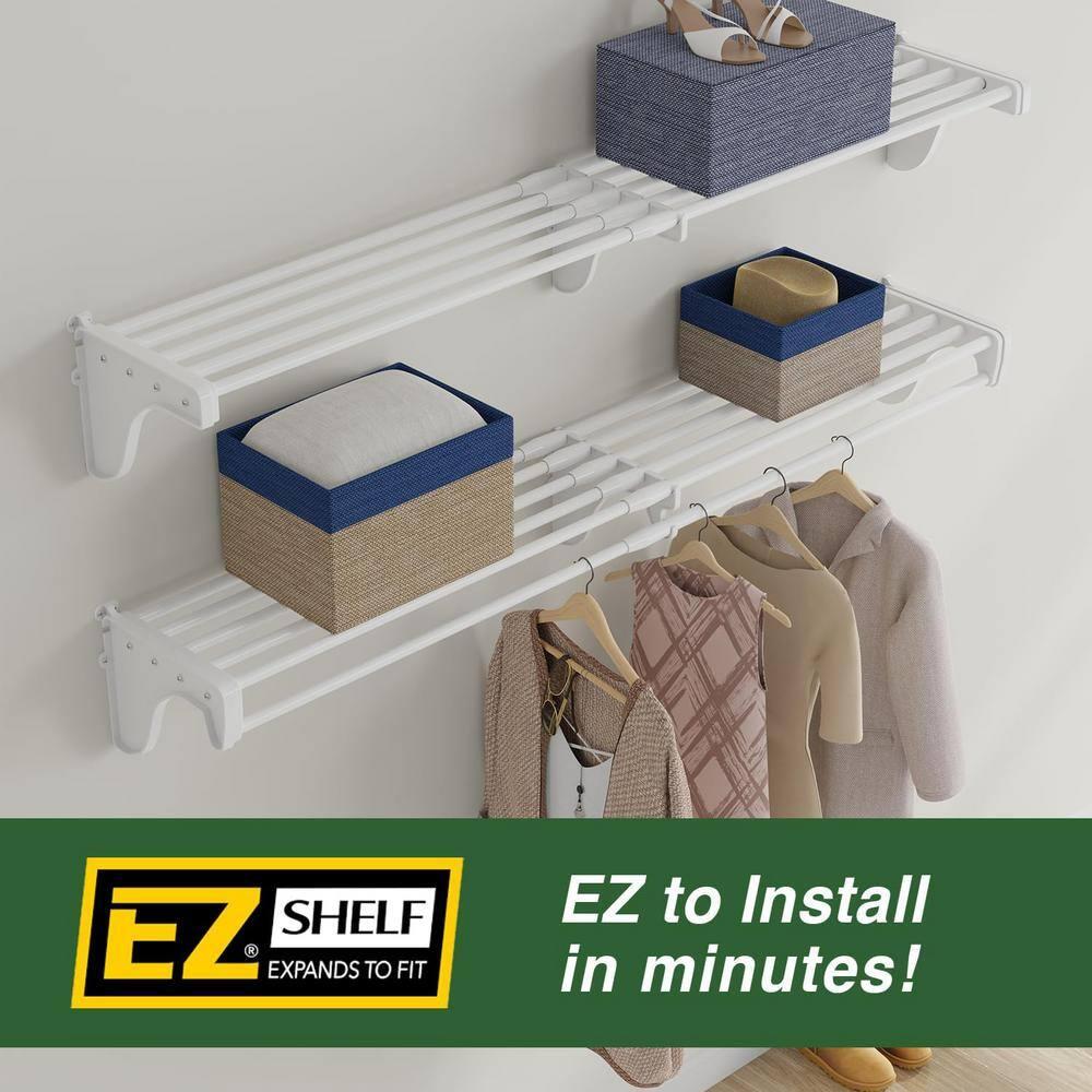 EZ Shelf-Expandable-Garage Shelf- -White- Easy to Install -Strong (up to 250 Lbs)- Wire Shelving Alternative –Wall Mounted Garage Shelf Organizer (White, 40.5" - 75")