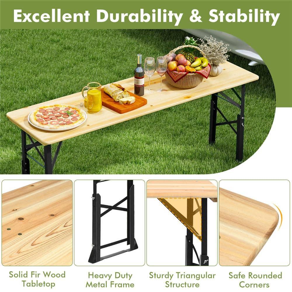 Costway 66.5" Outdoor Folding Wood Picnic Table Height Adjustable Metal Frame