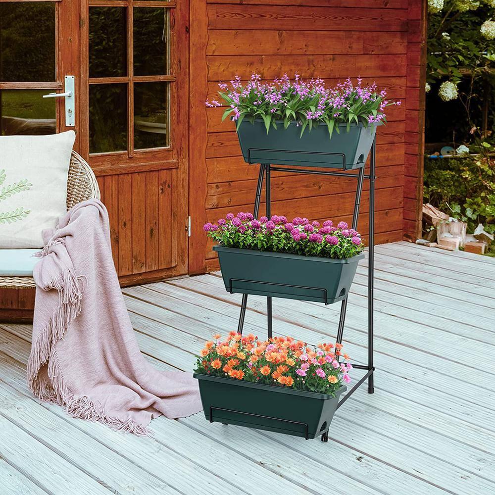 Raised Garden Bed 3 Tier Vertical Garden Planter Standing Garden Bed Planter Box Outdoor Herb Planter with Drainage Holes Removable Tray for Patio Balcony Porch Green C49