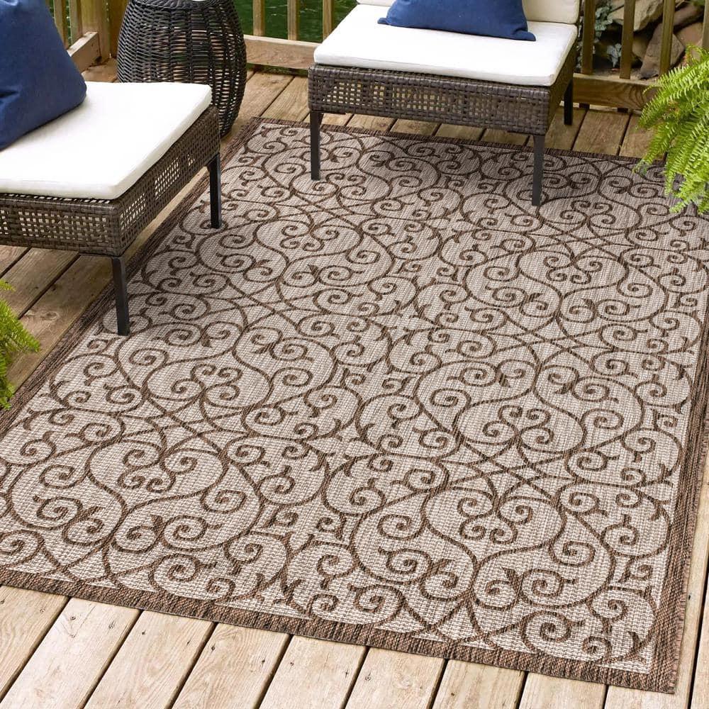 3'x5' Madrid Vintage Filigree Textured Weave Indoor/Outdoor Area Rug, Taupe/Espresso - JONATHAN Y