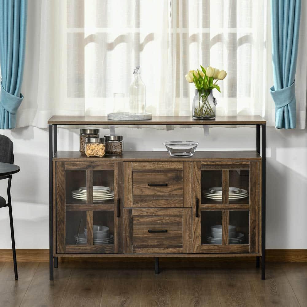HOMCOM Rustic Kitchen Sideboard, Serving Buffet Storage Cabinet with Adjustable Shelves, Glass Doors, and 2 Drawers for Living Room