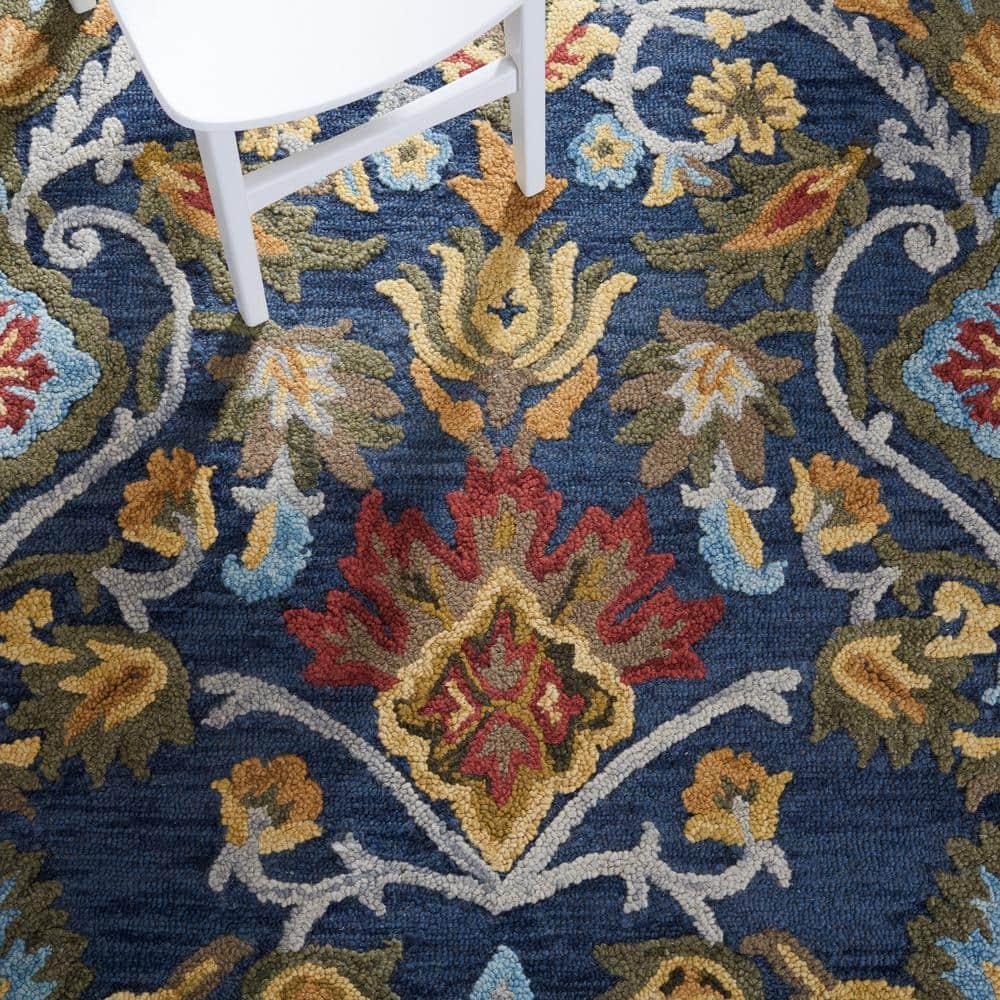 SAFAVIEH Blossom Lennon Floral Wool Area Rug, Navy/Multi, 9' x 9' Round