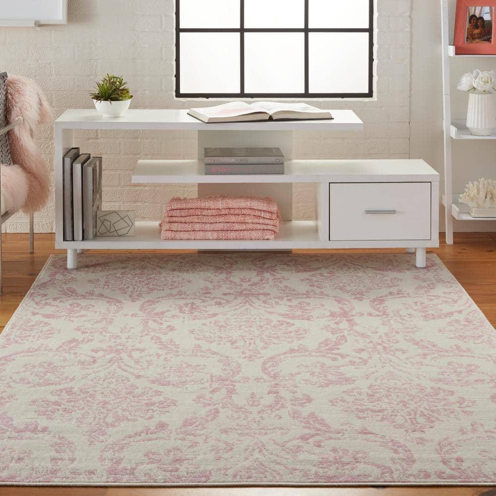 Nourison Jubilant 5'3" x 7'3" (5' x 7') Ivory/Pink Area Rug Farmhouse Vintage Damask by Nourison