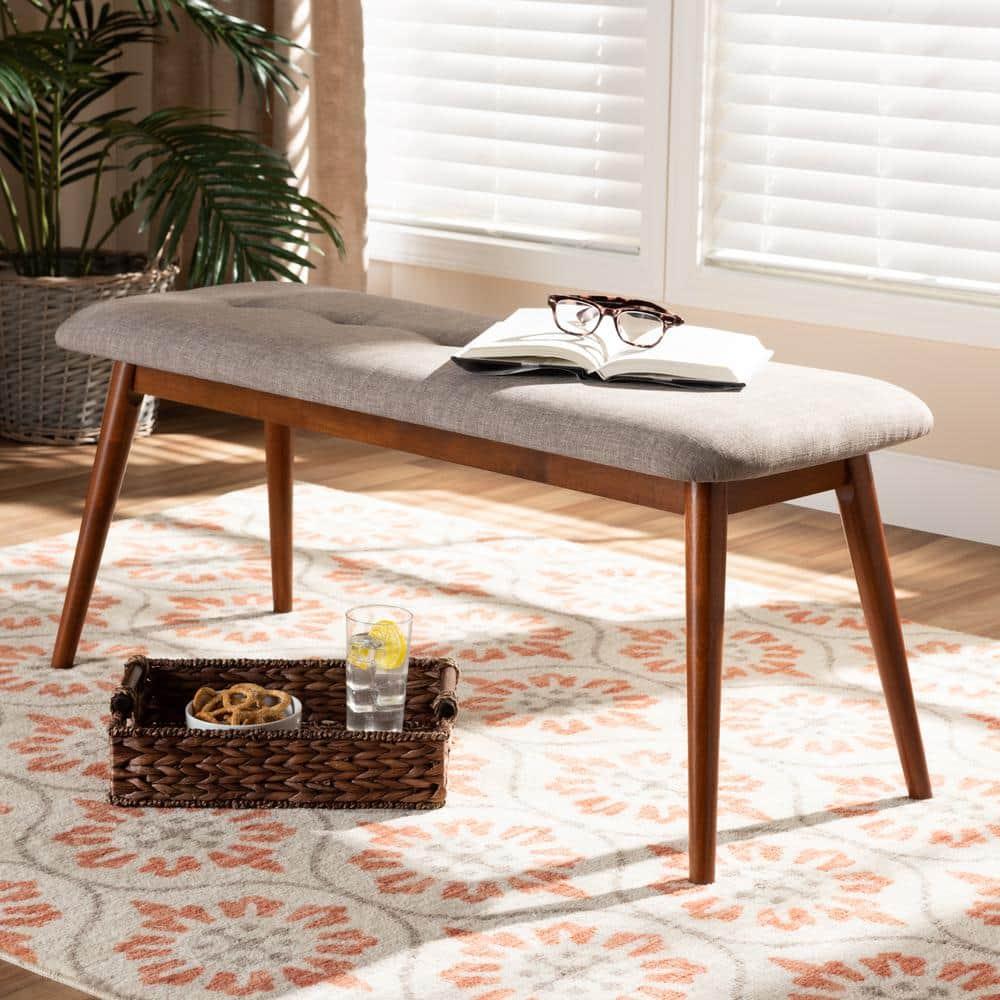 Flora II Mid-Century Modern Light Grey Fabric Upholstered Medium Oak Finished Wood Dining Bench