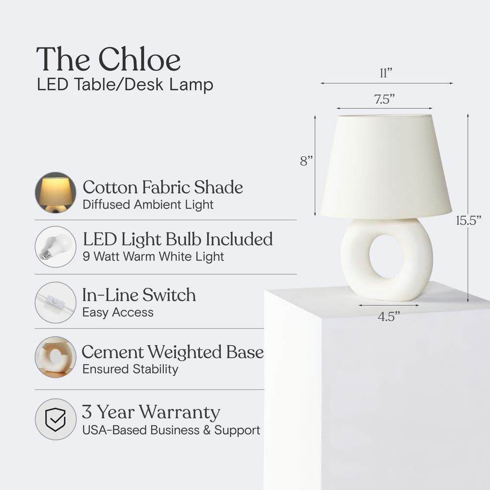 Brightech Chloe 15.5" Modern LED Table Lamp with Circular Ceramic Base and Natural Cotton Shade