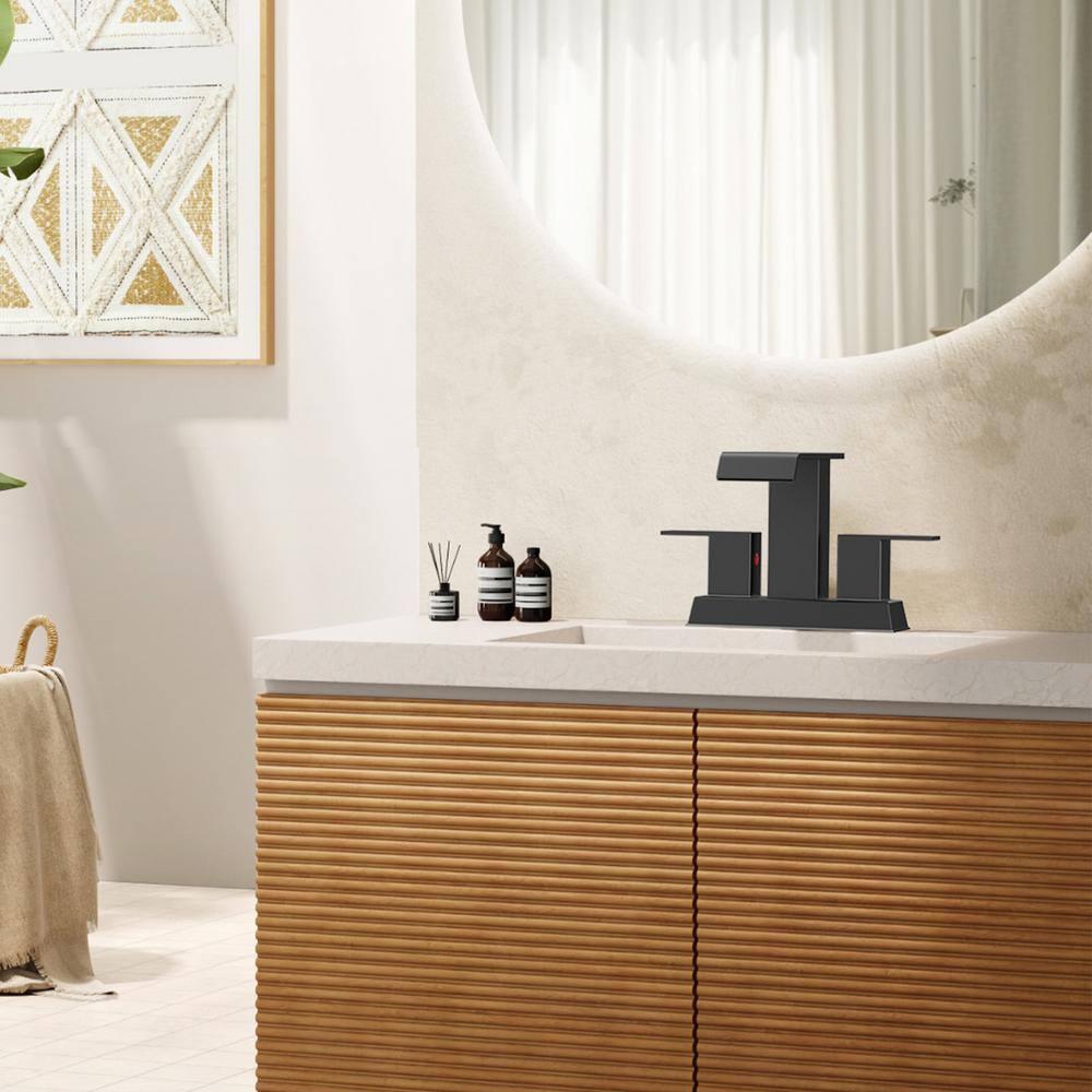 Matte Black Ceramic Disc Double Handle Bathroom Faucet with Pop-Up Drain Kit