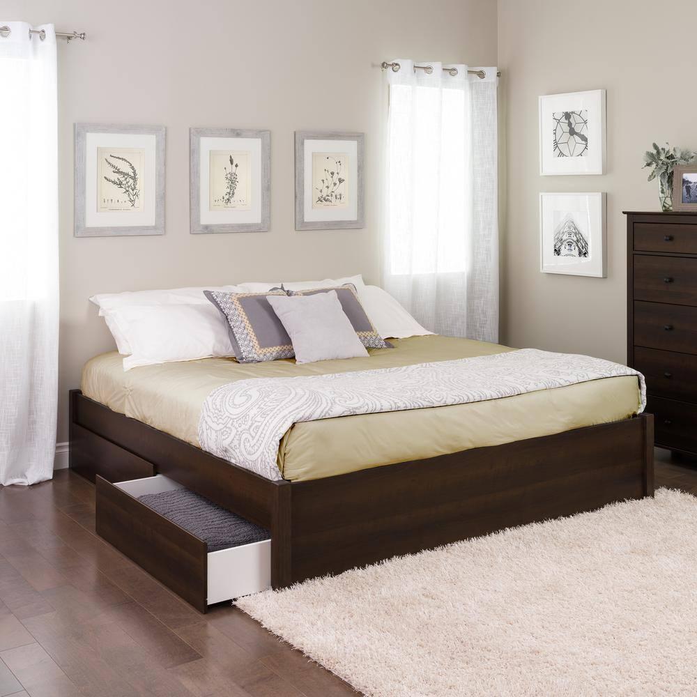 King Select 4-Post Platform Bed with 4 Drawers Espresso Brown - Prepac: Particle Board & MDF Construction, No Box Spring Needed