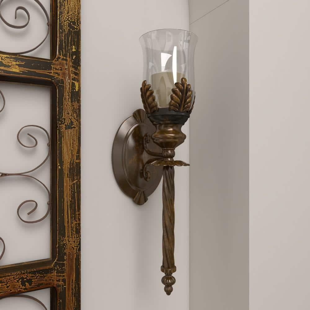 DecMode Brown Metal Leaf Candle Wall Sconce with Twisted Base