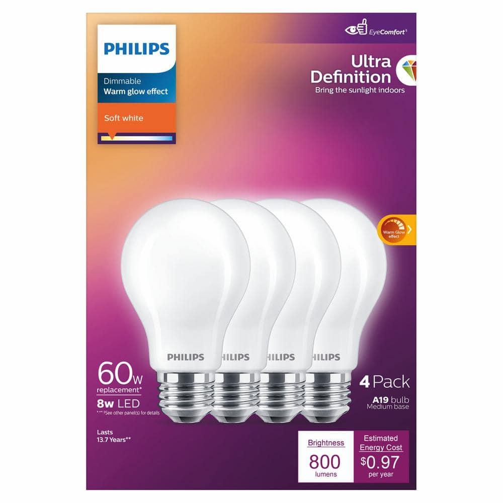 Philips UltraDef LED 60W Frosted Soft White A19 4P: Dimmable, Energy Star Certified, 800 Lumens, 13.7-Year Life