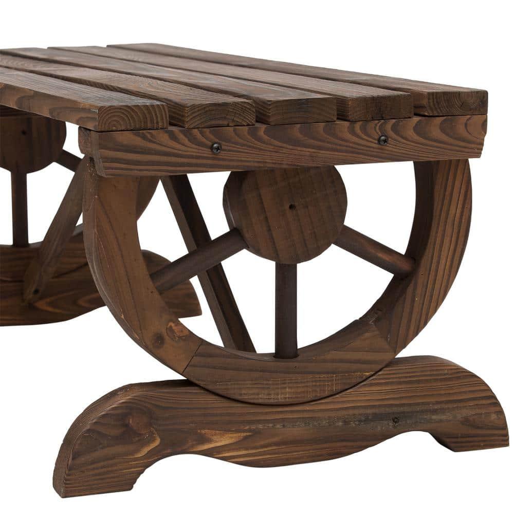 Outsunny 2-Person Wooden Garden Bench, Outdoor Wagon Wheel Porch Bench for Backyard Garden, Support 550 LBS, Rustic Country Style, Brown