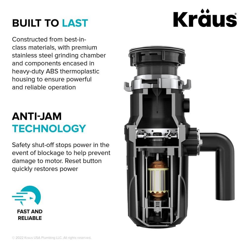 Kraus 1/3 HP WasteGuard High-Speed Ultra-Quiet Motor Garbage Disposal with Quick Connect Mount