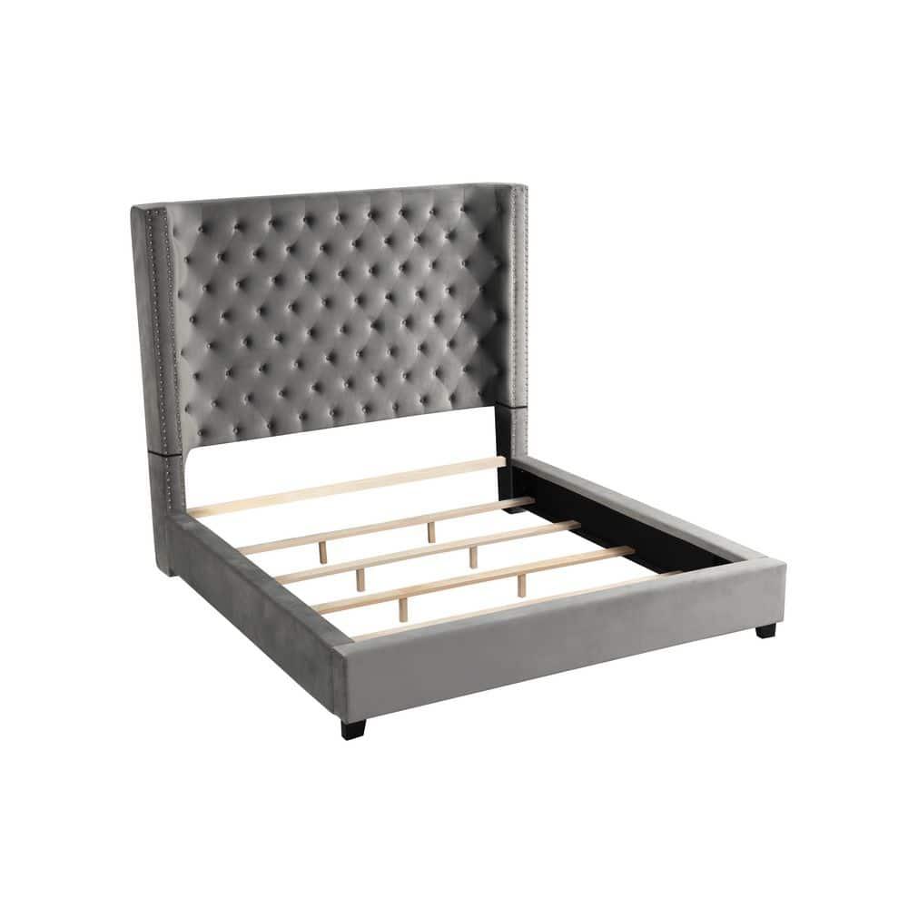 Yvonne Velvet Upholstered Cali King Platform Bed in Gray