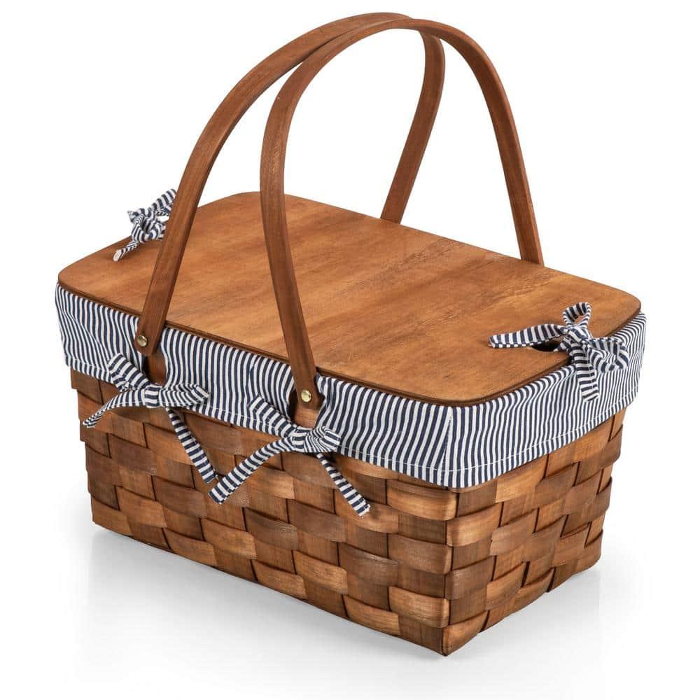 Picnic Time Kansas Handwoven Wood Picnic Basket with Navy Blue and White Stripe