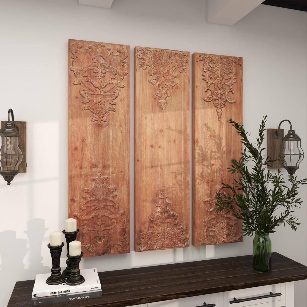 Wood Floral Carved Antefix Wall Decor Set of 3 Brown - Olivia & May: Rustic Style, Indoor Vertical Panels