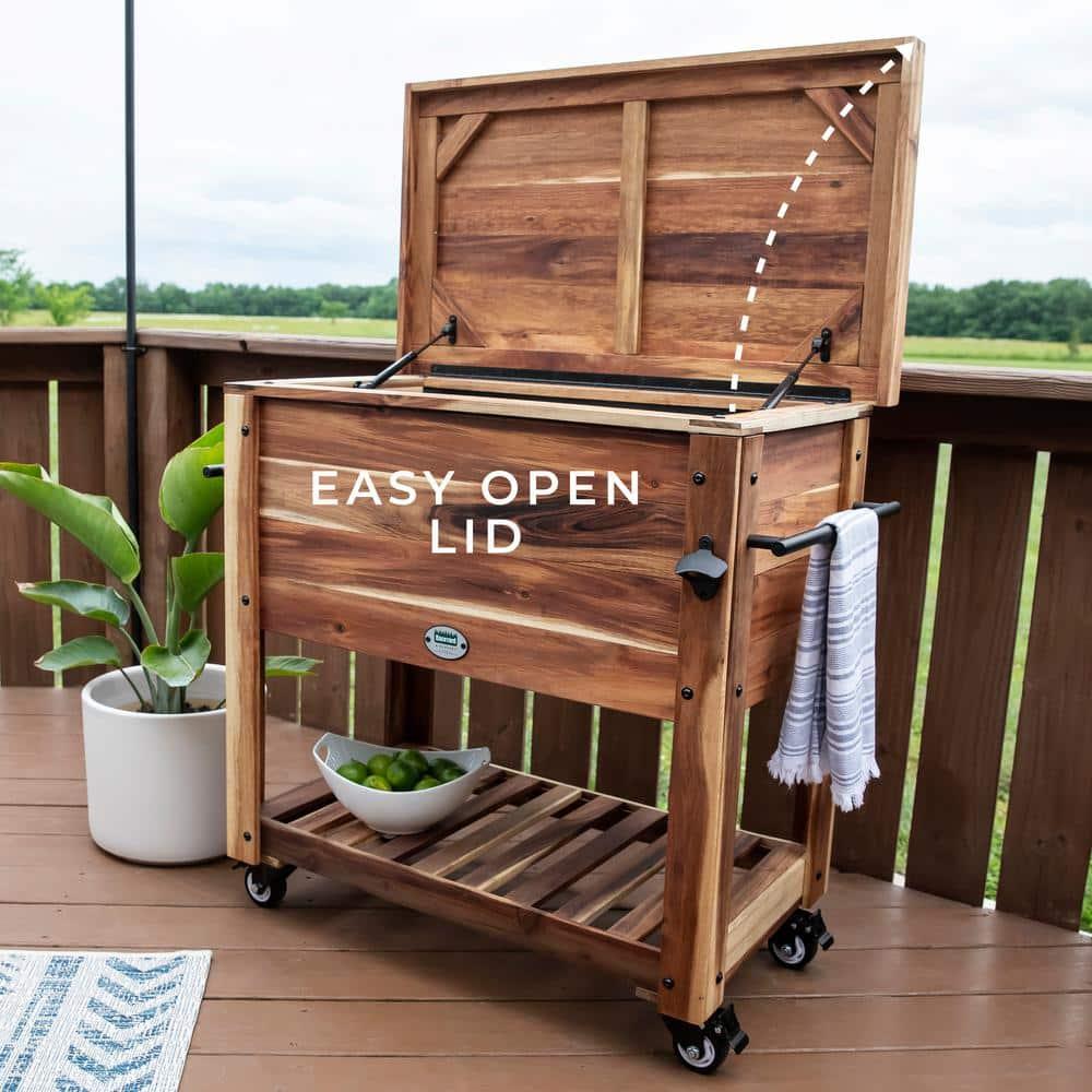 Backyard Discovery 100-Qt Acacia Wood Bar Cart Beverage Cooler, Wheels, Bottle Opener