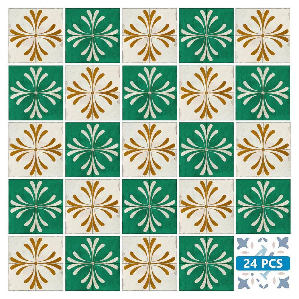 Mi Alma Green Beige Gold Vintage Flower Peel & Stick Tiles - Vinyl Backsplash 8x8
