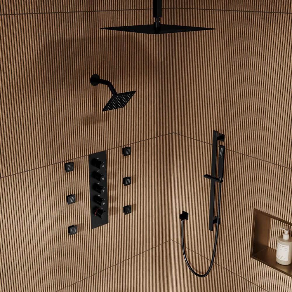 GRANDJOY 16 inch Complete Dual Shower Head System, Celling Mounted Shower Faucet Set with Hand Shower Head, Rough in-Valve, 6 Massage Body Jets - Matte Black