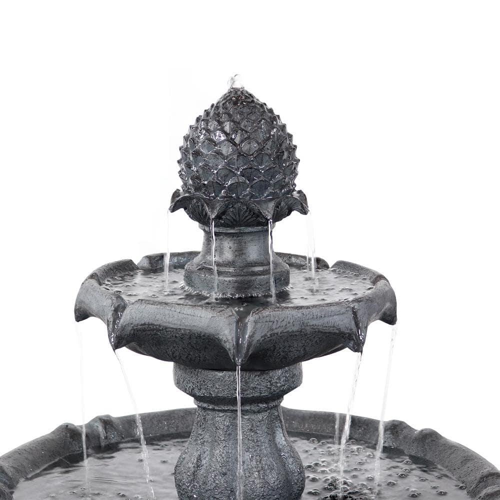 Sunnydaze Outdoor 2-Tier Solar Powered Pineapple Top Water Fountain with Battery Backup and Submersible Pump - 46" - Black