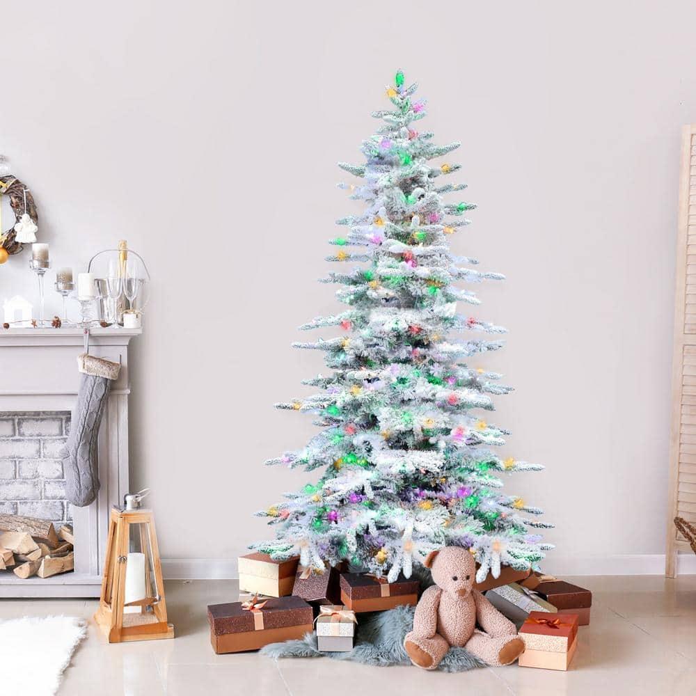 Fraser Hill Farm Flocked Mountain Pine Christmas Tree with LED Lights
