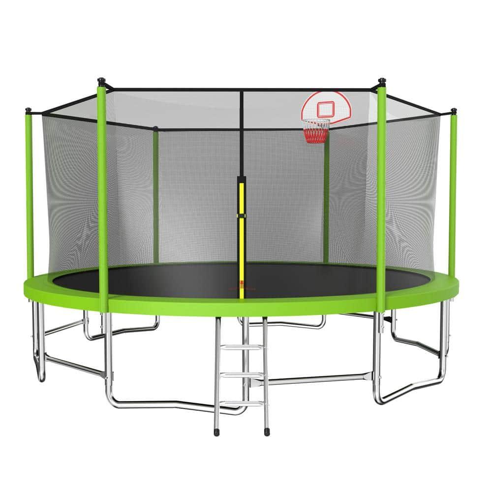 Excellent Future 16FT Trampoline With Balance Bar  And  Basketball Hoop And Ball, ASTM Approved Reinforced Type Outdoor Trampoline With Enclosure Net