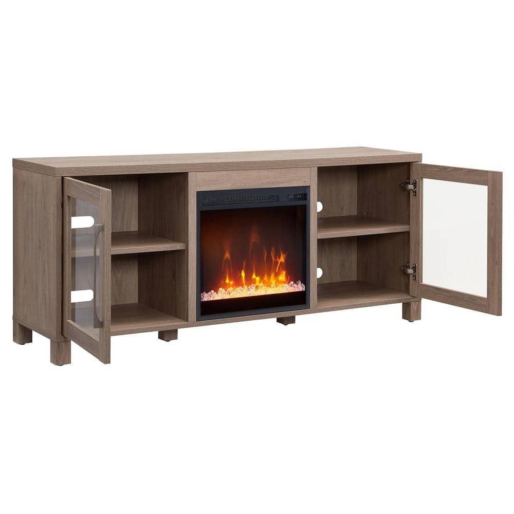 Evelyn&Zoe Quincy Rectangular TV Stand with Crystal Fireplace for TV's up to 65", Antiqued Gray Oak