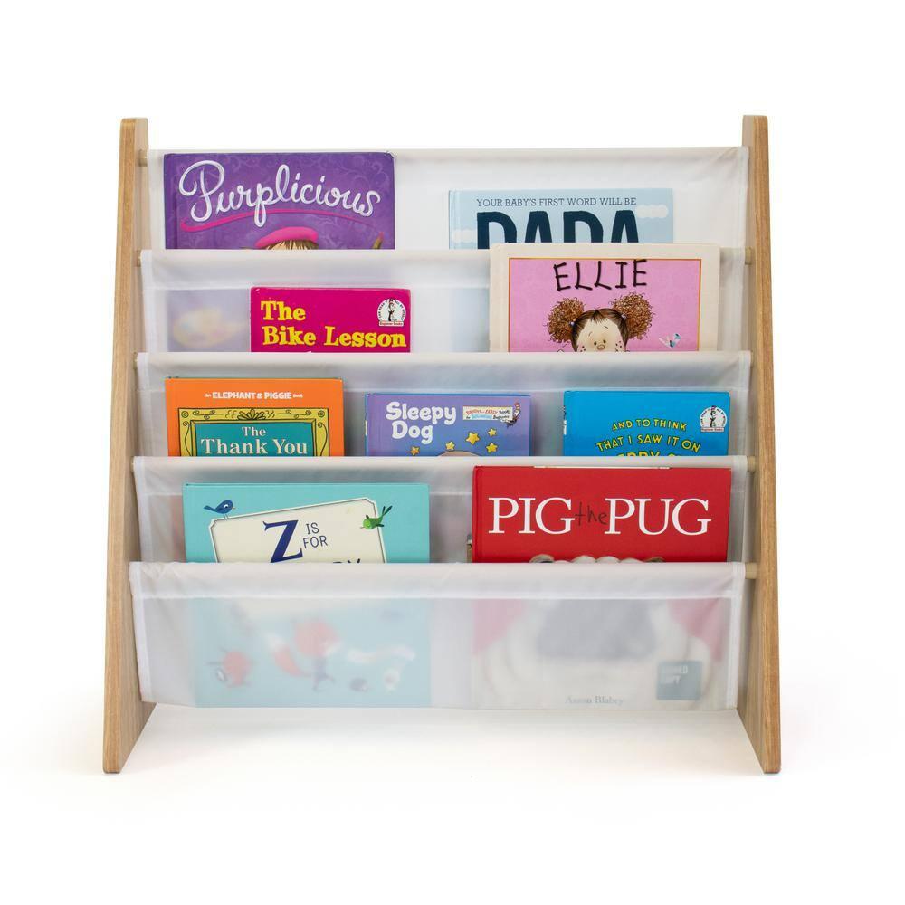 Humble Crew 4-Tier Kids Bookshelf, Natural Wood/White - Premium Book Shelf for Kids Rooms with Four Deep Pockets - Toddler Sling Book Rack with Deep Sleeves, Nursery Bookcase Organizer