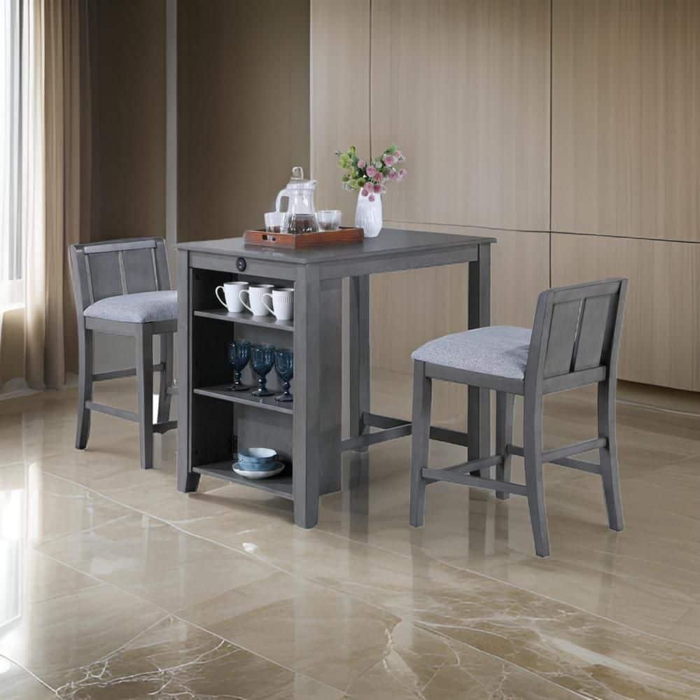 Benjara Ham 3 Piece Counter Height Compact Dining Table, Chair Set, Gray Wood