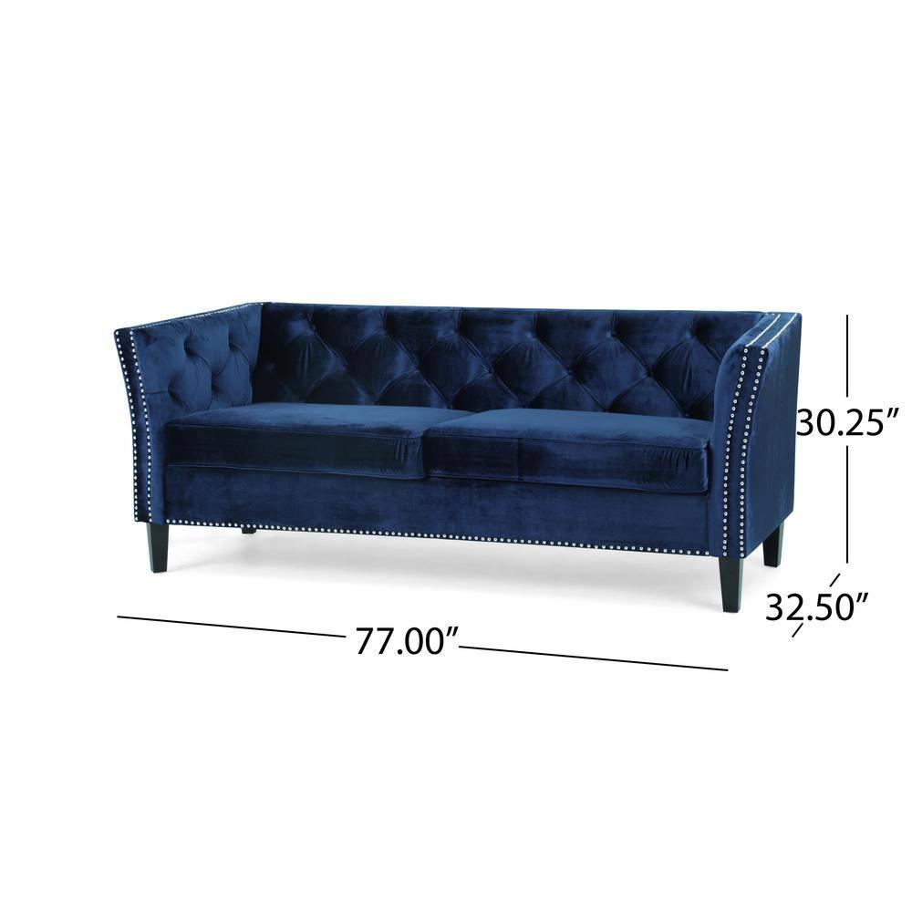 Noble House Claridge Button Tufted Velvet Sofa, Midnight Blue, Dark Brown