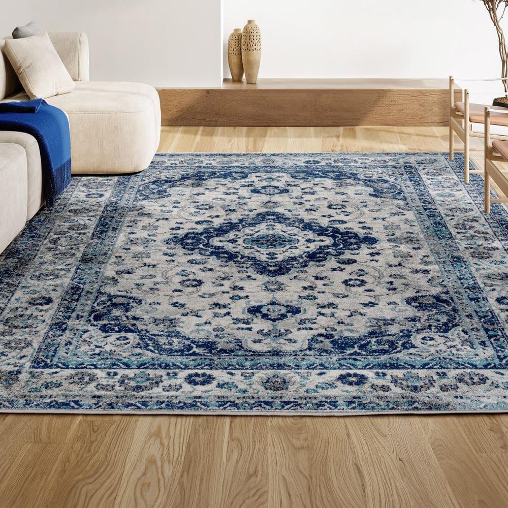 3'x 5' Indhira Ornate Medallion Persian Area Rug, Blue/Gray - JONATHAN Y