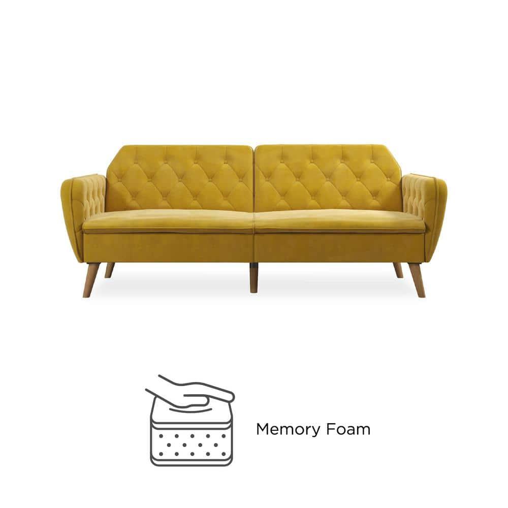 Tallulah Memory Foam Futon and Sofa Bed Mustard Yellow - Novogratz: Velvet Upholstery, Split-Back Design, Wooden Legs