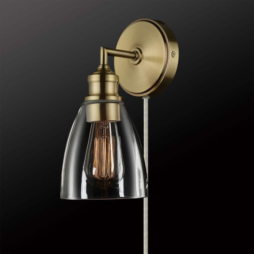 Globe Electric Molly 1-Light Matte Brass Plug-In or Hardwire Wall Sconce with Clear Glass Shade, Bulb Included, 51613