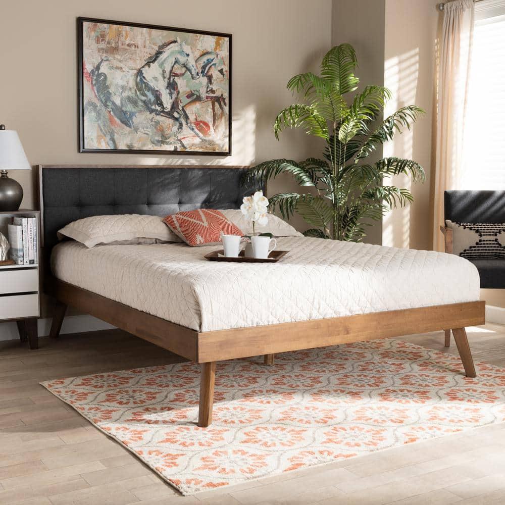 Full Alke Fabric Upholstered Platform Bed with Headboard Dark Gray/Walnut - Baxton Studio: Chic Retro Design, No Box Spring Required
