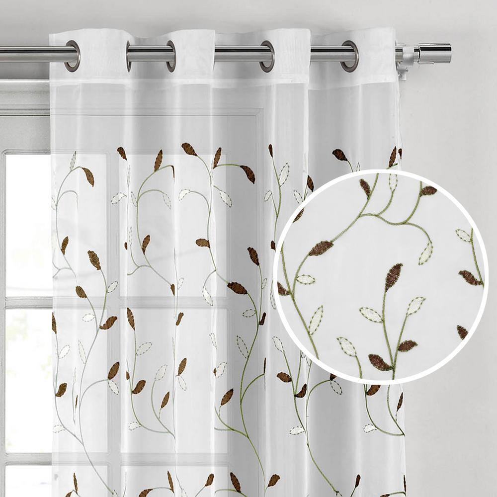 Grommet Curtain Panel, Embroidered Sheer Extra-Wide, Brown 54" x 84"