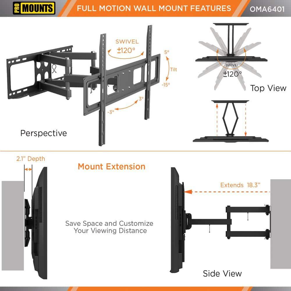 Promounts ProMounts Premium Articulating / Full Motion TV Wall Mount for 37" to 92" TVs, Holds Up to 88lbs