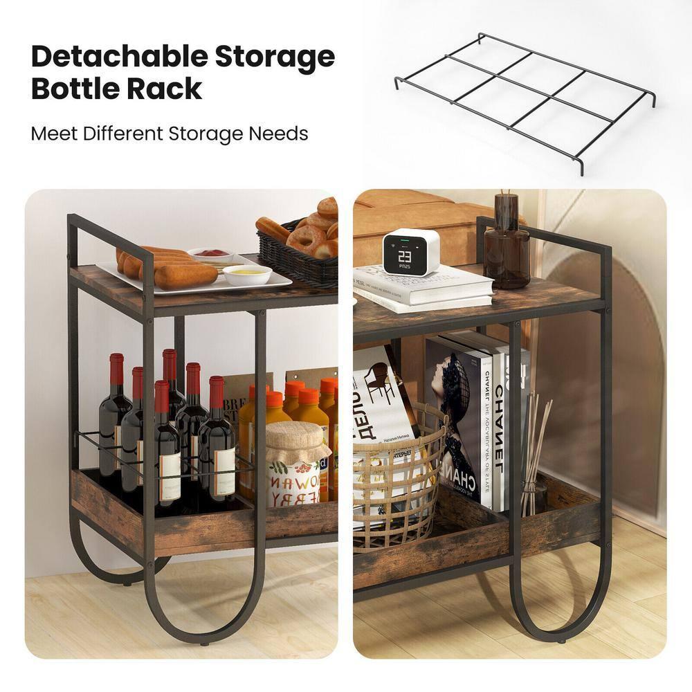 2-Tier Rolling Buffet Kitchen Cart with Removable Metal Wire Wine Rack