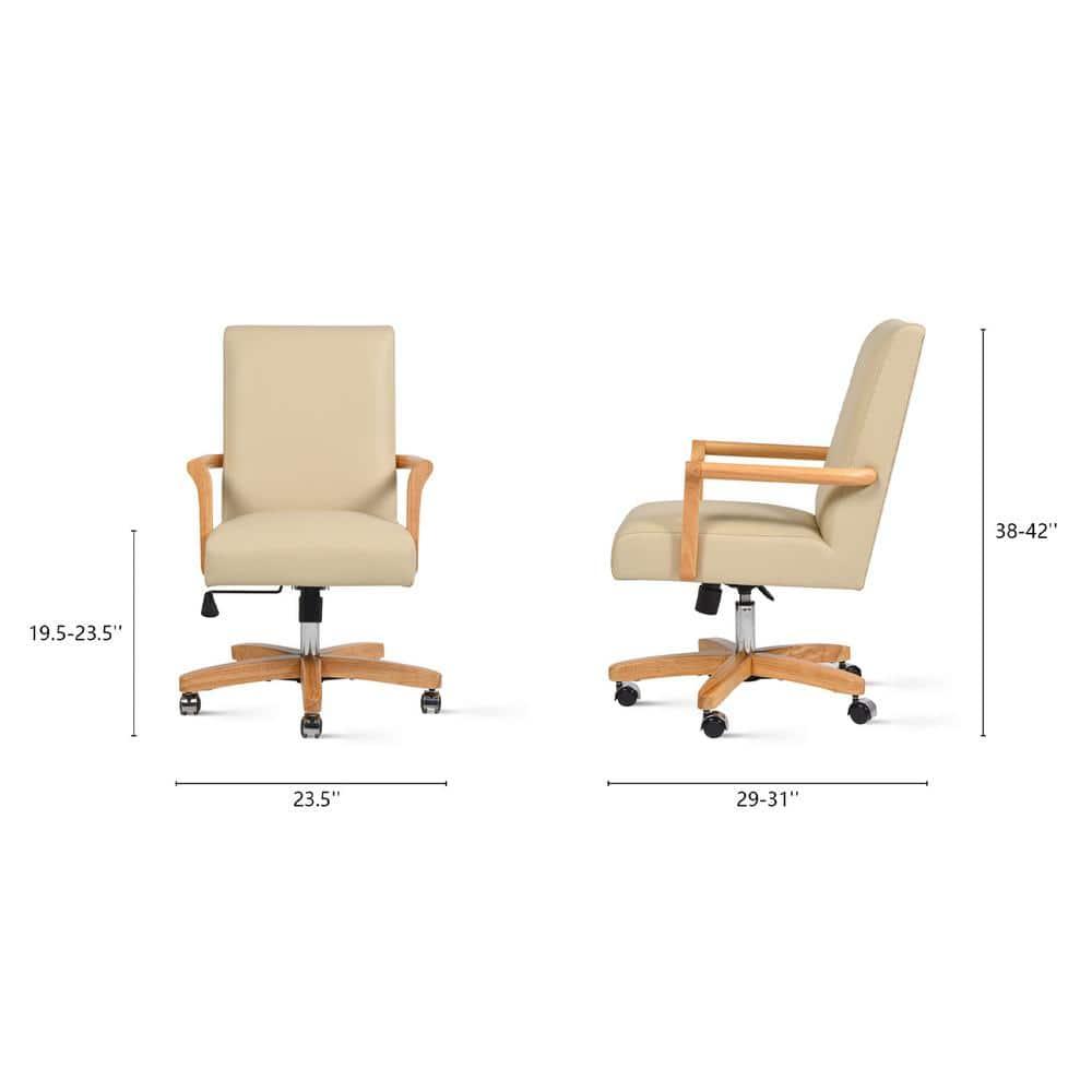 Dumont Modern Farmhouse High Back Executive Home Office Chair, Neutral Cream Beige Leather & Natural Wood