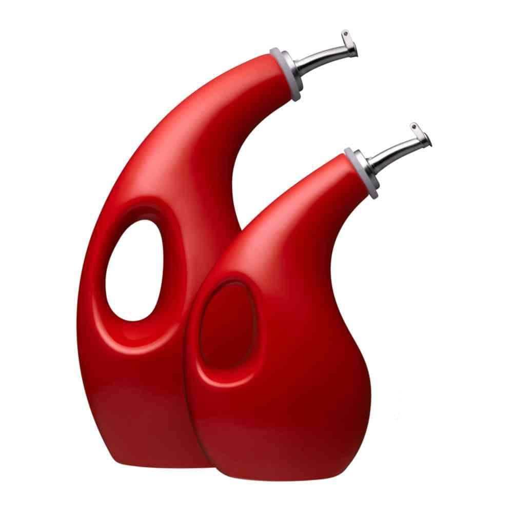 Red Ceramic Oil and Vinegar Dispensing Bottle Set with Spouts