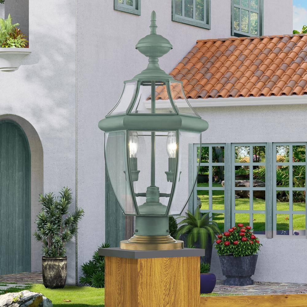 Lighting Lumens 2 Light Verdigris Outdoor Post Lantern Pendant - Clear Beveled Glass Shade