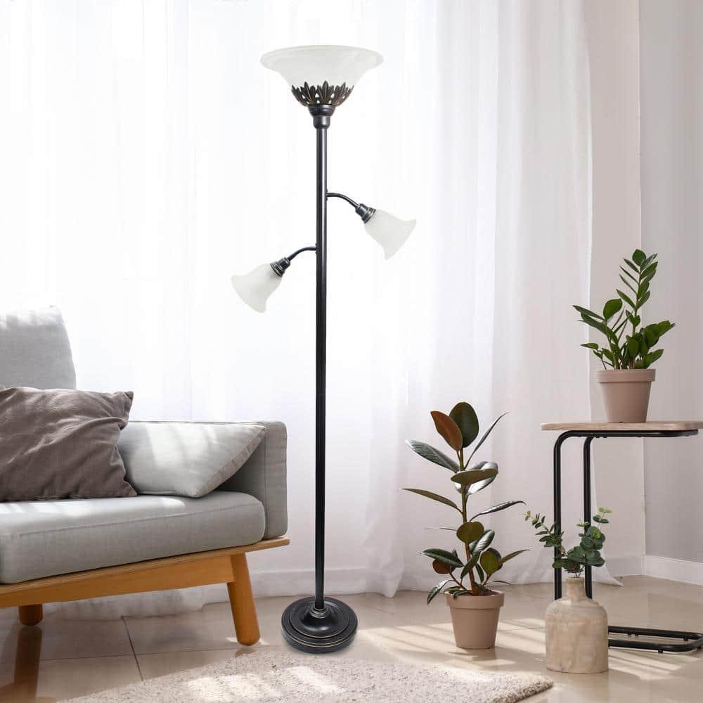 Torchiere Floor Lamp with 2 Reading Lights and Scalloped Glass Shades Bronze/White - Lalia Home: Adjustable, UL Listed, Metal Body