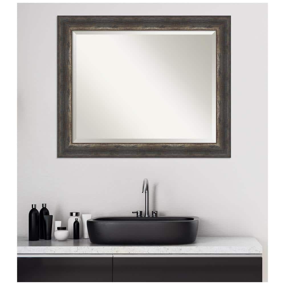 Amanti Art Beveled Bathroom Wall Mirror - Bark Rustic Char Frame Bark Rustic Char Outer Size: 33 x 27 in Silver, Brown, Black