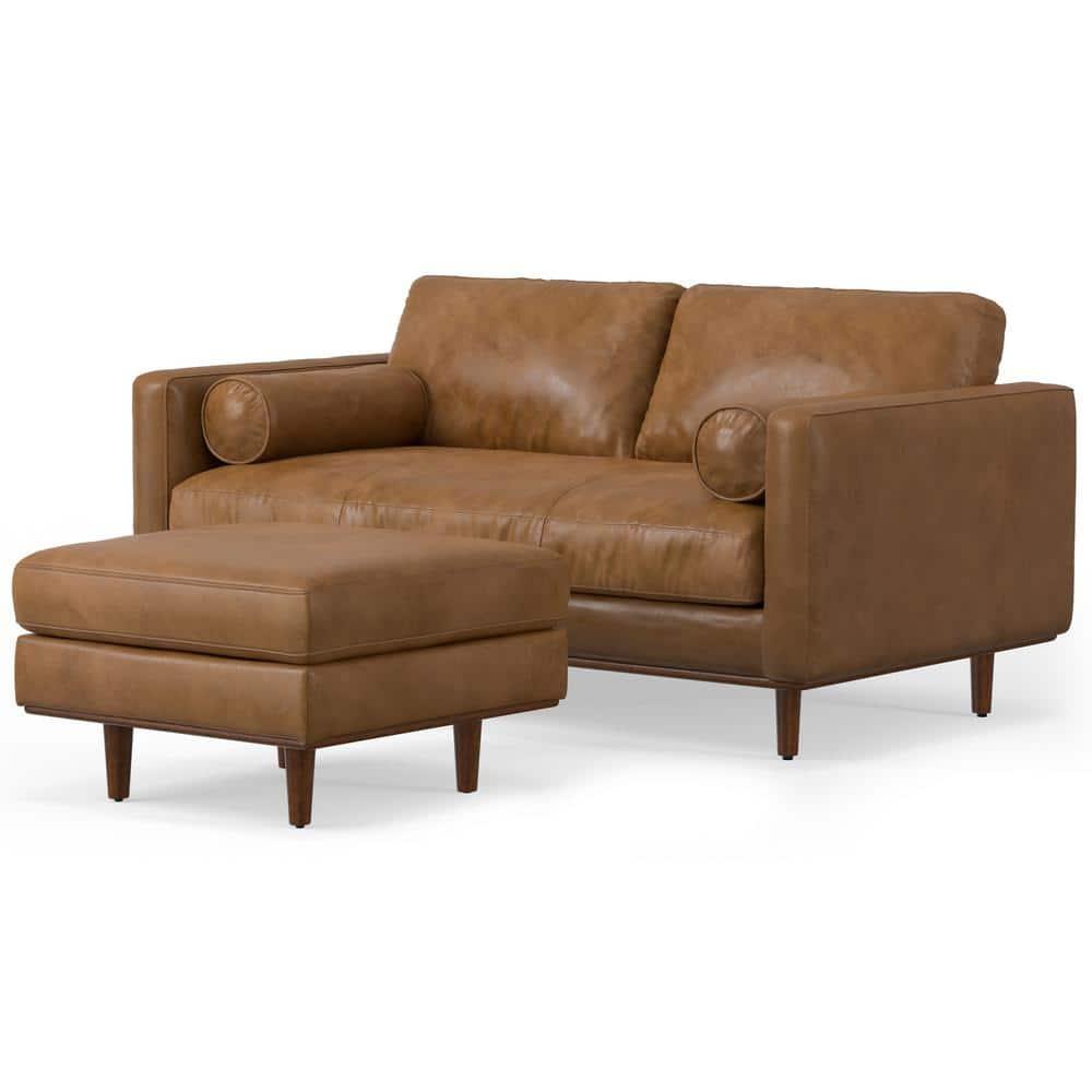 Simpli Home Morrison  Sofa and Ottoman Set in Genuine Leather