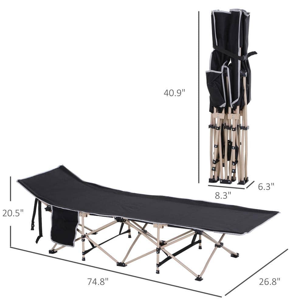 Outsunny Folding Camping Cot for Adults with Carry Bags, Side Pockets, Outdoor Portable Sleeping Bed for Travel Camp Vocation, Black