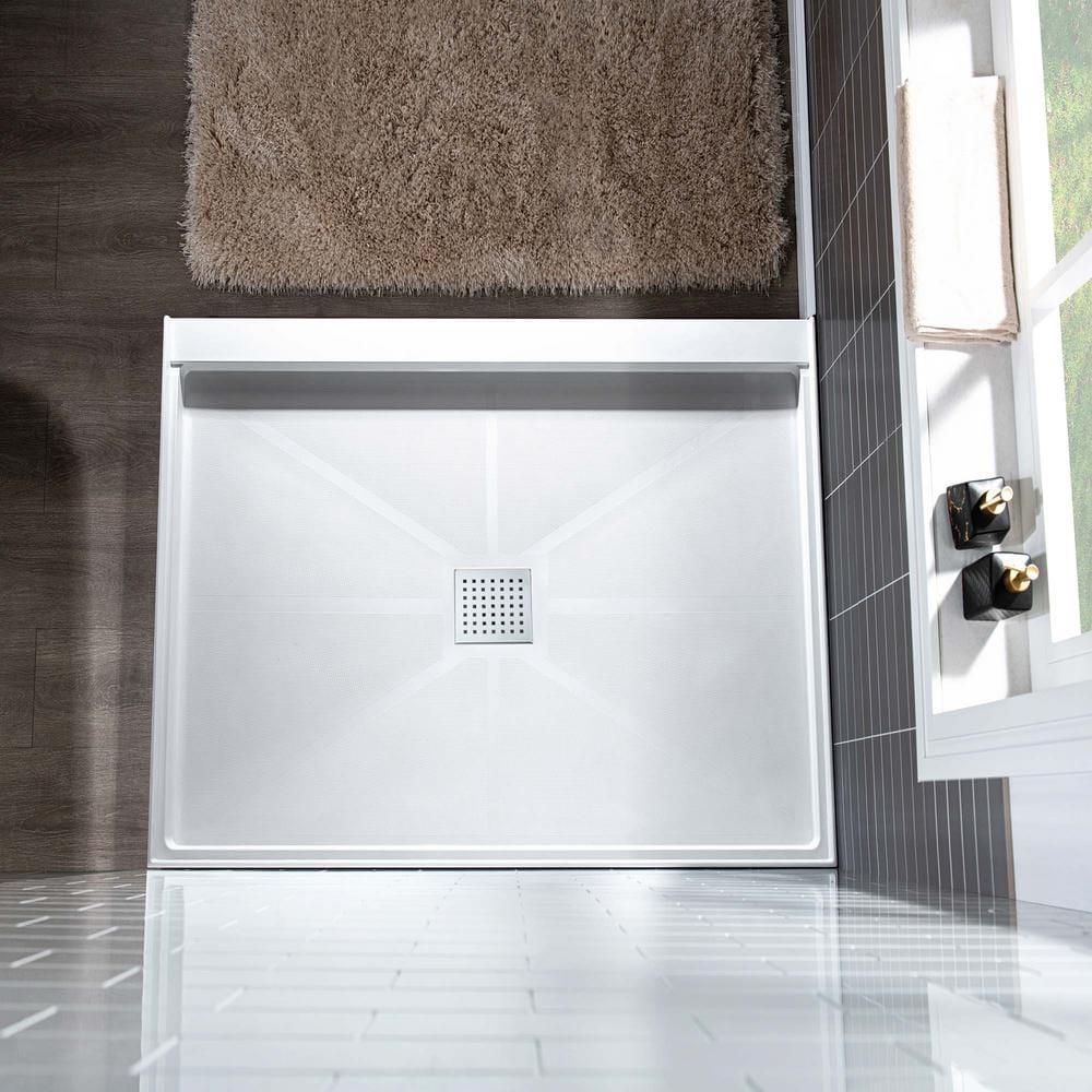 36" Solid Surface Square Single Threshold Shower Pan Base with Drain Assembly & Drain Cover Included, Non-Slip