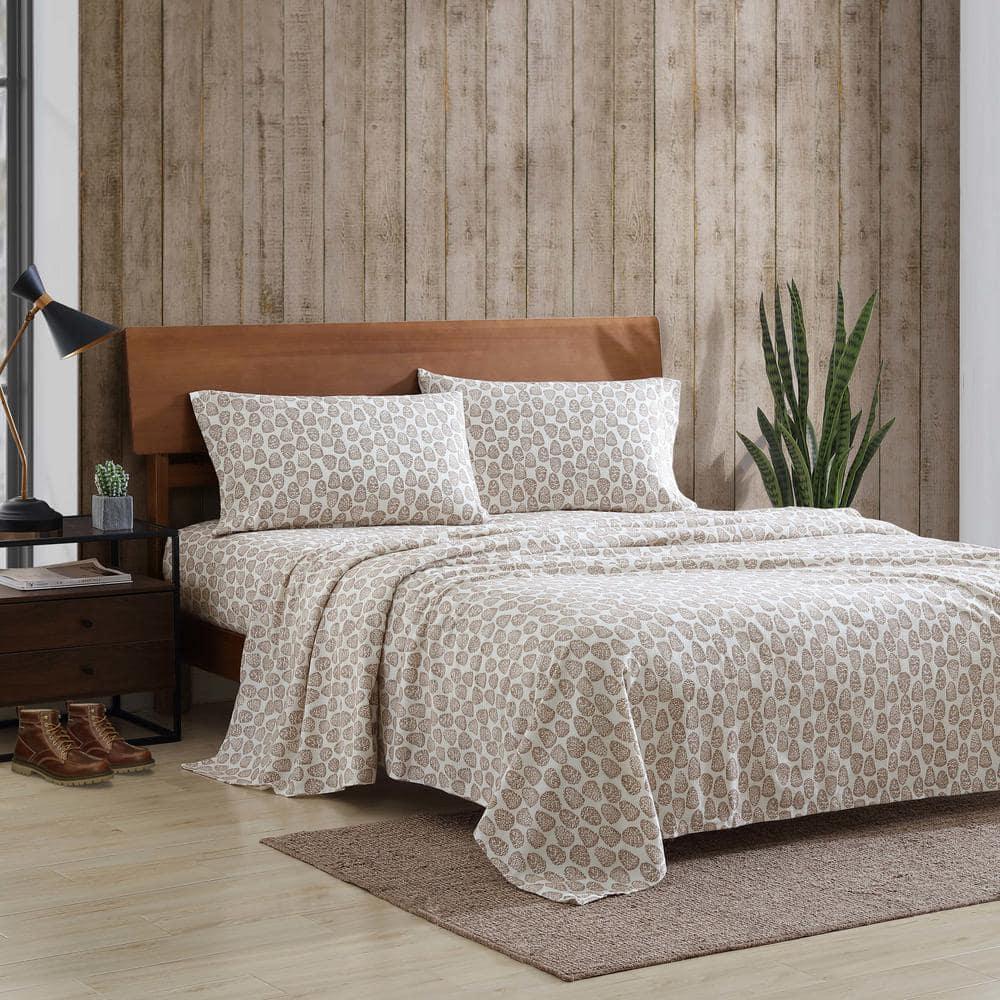 Beige Cotton Flannel Twin Sheet Set with Pine Cone Print
