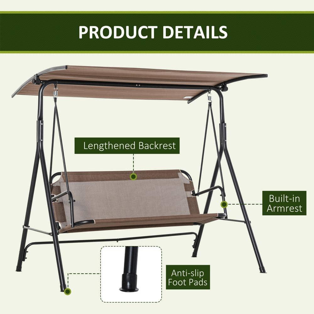 Outsunny Patio Swing Chair with Canopy, Seats 2 Adults Loveseat Bench with Canopy, Armrests, A-Frame Steel, Breathable Mesh, Brown