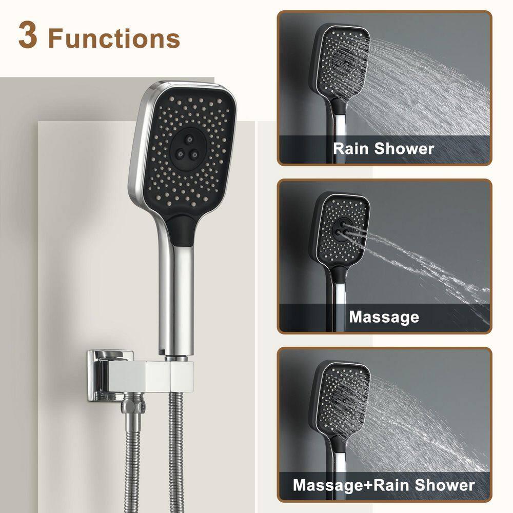 Revitalize 3-Function 12 Inch Wall Mount Rainfall Thermostatic Shower System with 6 Body Jets