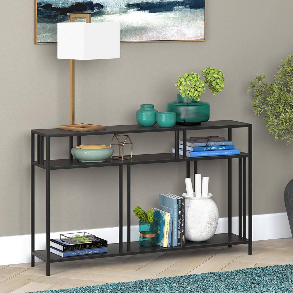 Evelyn&Zoe Cortland 48" Wide Rectangular Console Table with Metal Shelves, Blackened Bronze