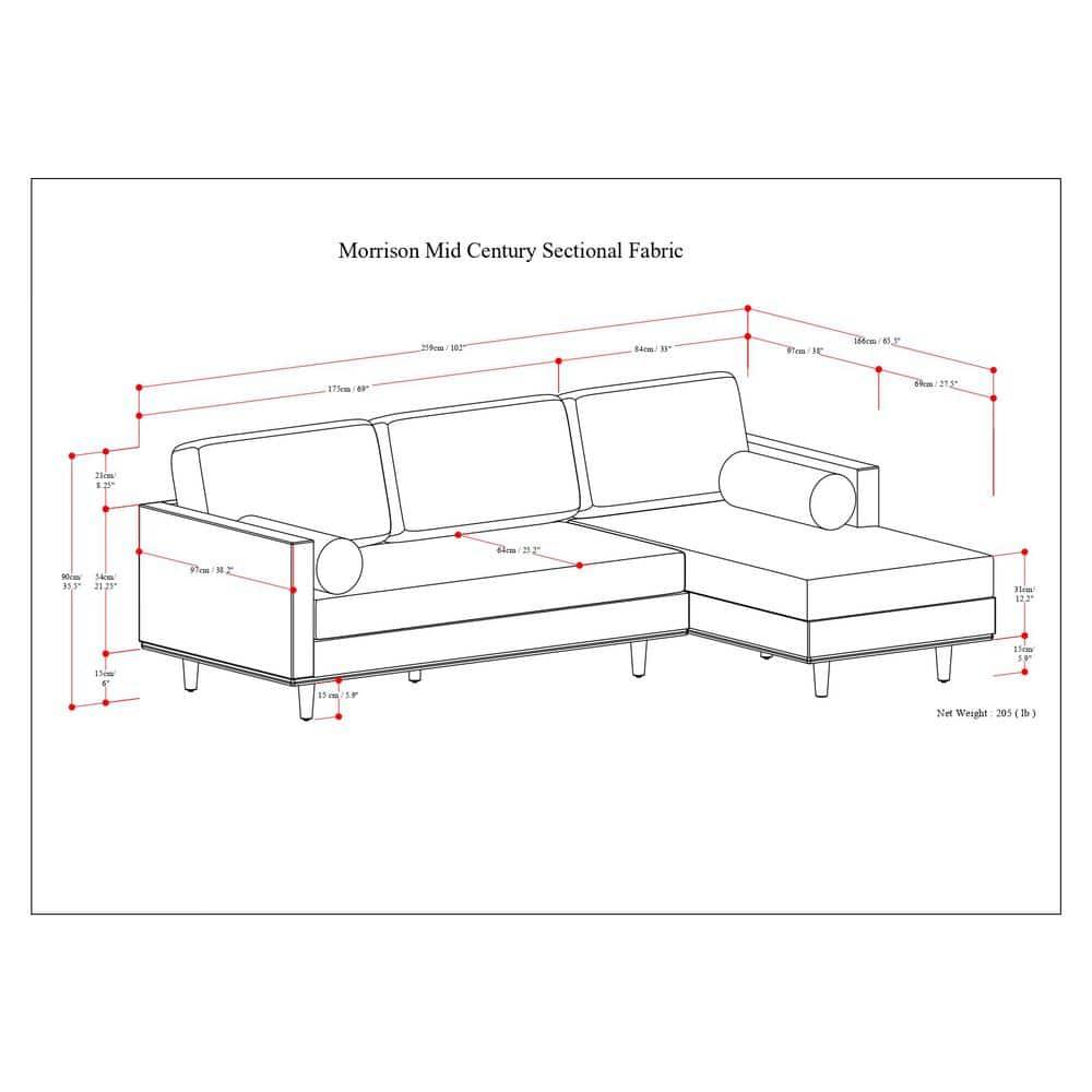 Simpli Home Morrison Large Left Sectional Sofa,Mid-Century Modern Couch with Chaise Lounge and Eco-Friendly Woven-Blend Fabric