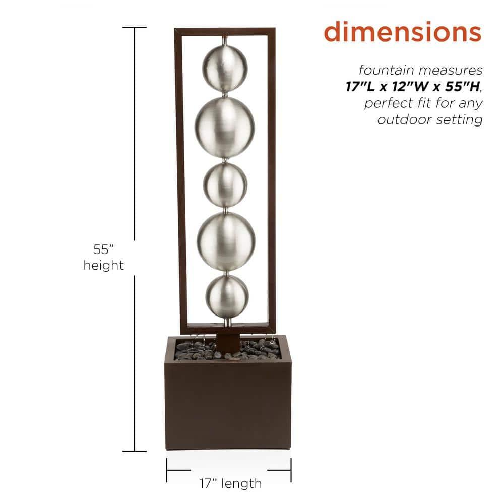 55" Metal Modern Column Fountain with Stainless Steel Orbs Silver/Brown - Alpine Corporation: Electric-Powered