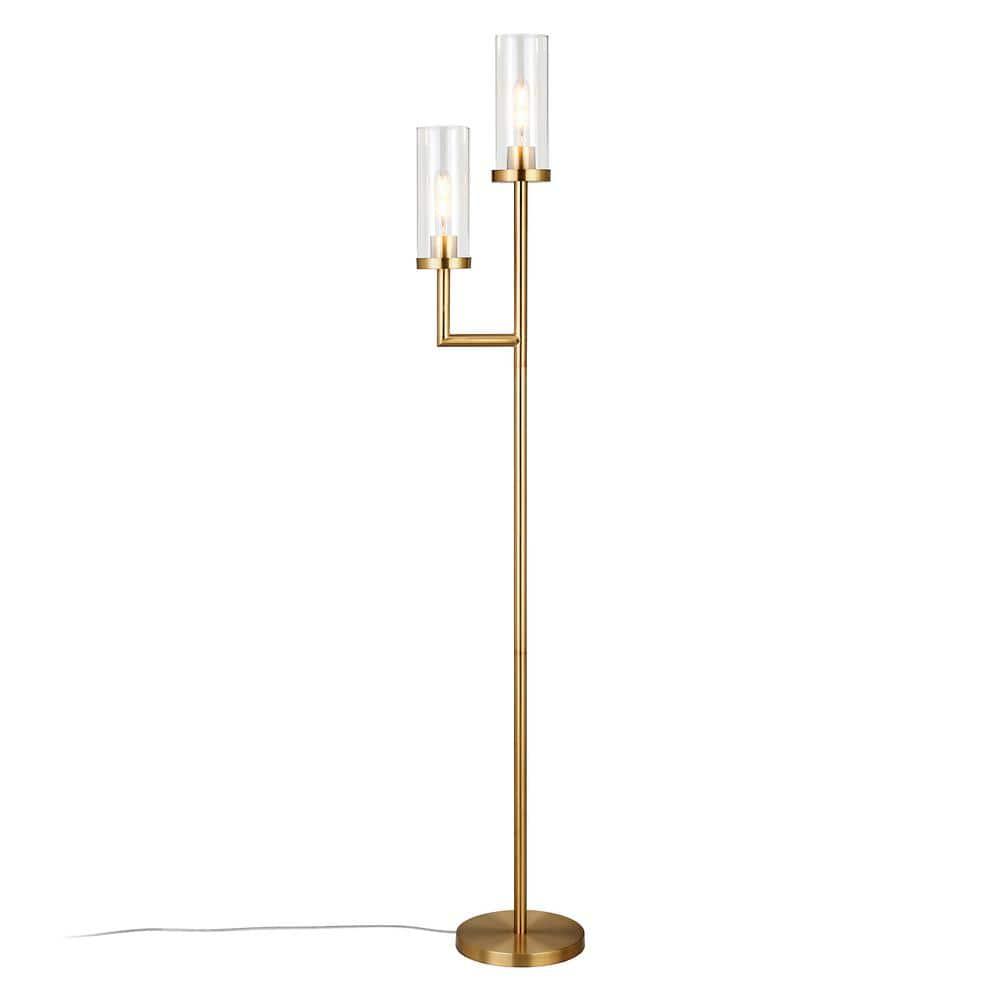 Evelyn&Zoe Basso 2-Light Torchiere Floor Lamp with Glass shade in Brass/Clear